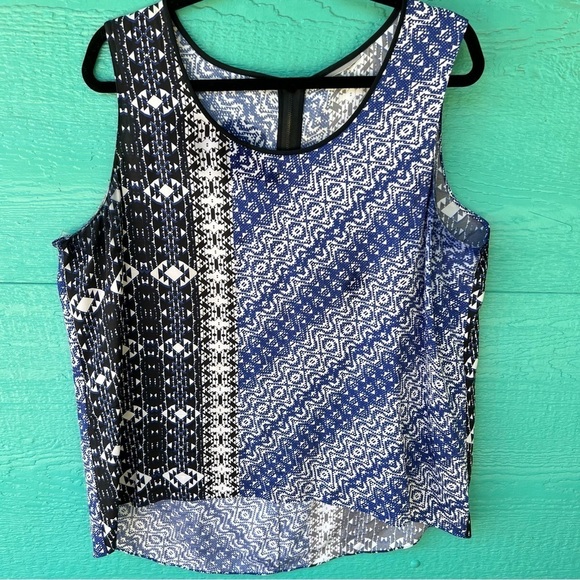 CLEARANCE CLASSIQUES ENTIER SILK TANK TOP BLOUSE BLUE CREAM AZTEC PRINT XL EUC - Picture 1 of 5